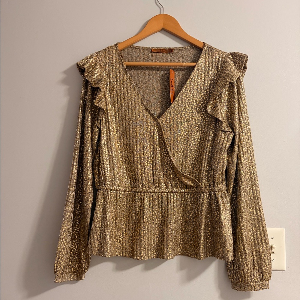 Belldini Metallic Gold Ruffle Blouse